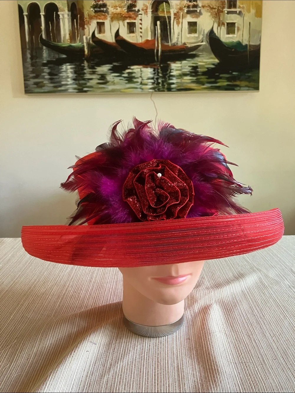Elegant Red Wide-Brim Feathered Hat